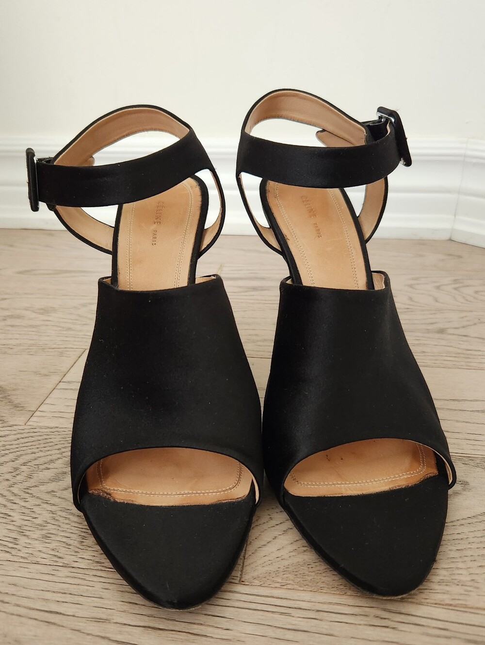 CELINE Paris Black Satin Ankle Strap Stiletto Heels EU 41 Made in Italy